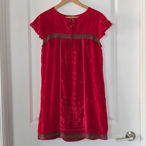 Johnny Was Dress Women's Small Red Eyelet Embroidered Scalloped V-Neck Babydoll - Picture 10 of 16